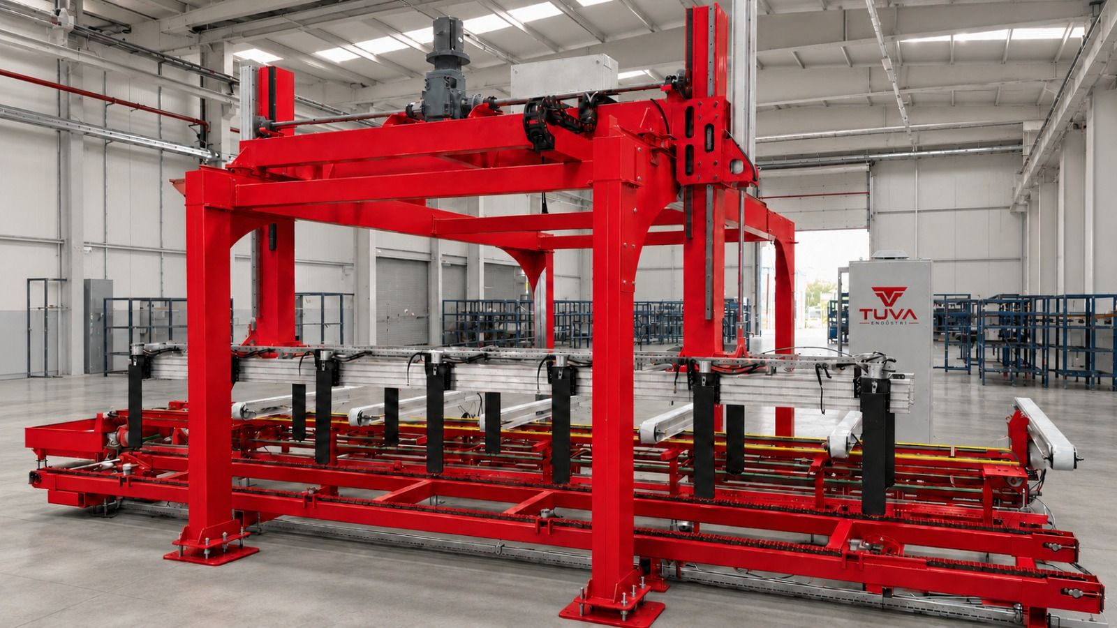 Kırmızı portal tipi TUVA alüminyum profil istifleme makinesi (stacker)